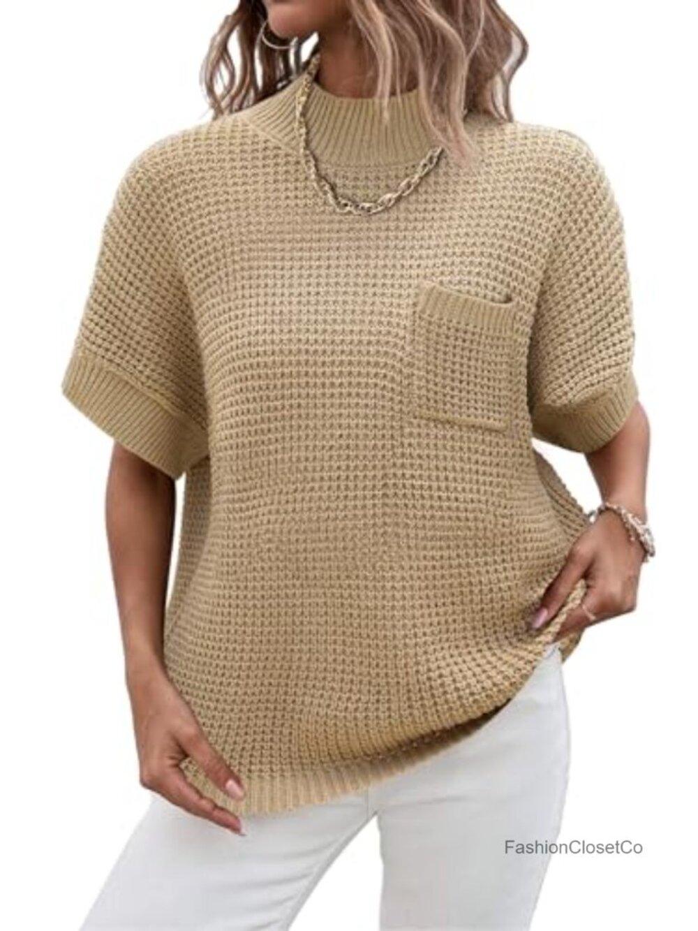 Sweater Vest Mock Neck Batwing Short Sleeve Oversized Ribbed Knit Tops Pullover